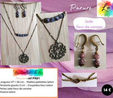 Parure laiton collier double Jade fleur de cerisier rosace laiton Les Couleurs de Lo