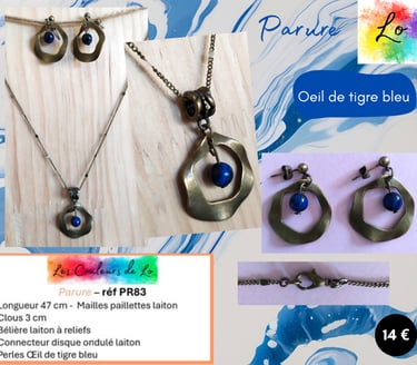 Parure laiton disque ondulé Œil de tigre bleu Les Couleurs de Lo