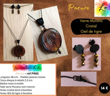 Parure noire verre Murano cristal doré Œil de tigre Les Couleurs de Lo