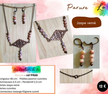 Parure cuivrée Jaspe veiné connecteur losange filigrane Les Couleurs de Lo