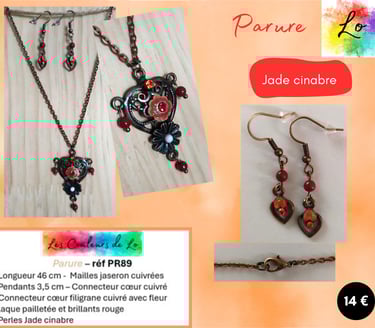 Parure cuivrée connecteur cœur filigrane Jade cinabre Les Couleurs de Lo