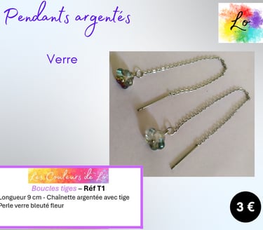 Pendants chaînette argentée fleur verre nacré Les Couleurs de Lo