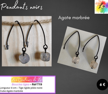 Boucles pendants noirs tige rigide Agate marbrée Les Couleurs de Lo
