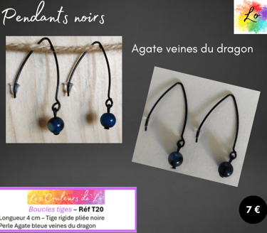 Boucles pendants noirs tige rigide Agate veines du dragon Les Couleurs de Lo