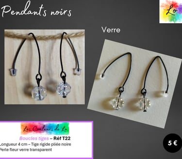 Boucles pendants noirs tige rigide fleur verre transparent Les Couleurs de Lo
