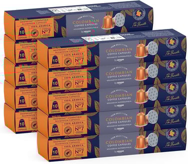 A bulk pack of Nespresso compatible Colombian coffee capsules in blue and orange boxes.