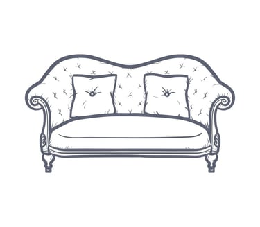 Vintage hand-drawn line art illustration of a tufted victorian sofa with throw pillows.