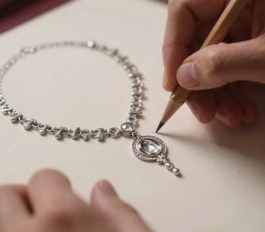 Macro close-up of hands of an artisan sketching a custom bridal necklace design on paper, warm directional side-lighting, metal textures and pencils visible