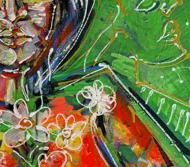 Figurative Leinwand mit grünem Feld, roten Hauttönen und weißen Linien; Blüten auf der Figur