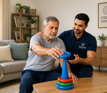 A senior man performs neuro rehab exercises with a physical therapist using colorful rings.