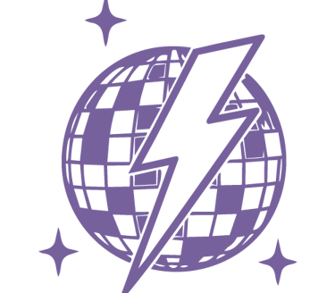 Purple disco ball graphic with a lightning bolt and stars on a black background.