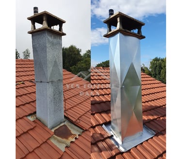 Abergement de cheminée en zinc sur tuiles mécaniques.