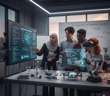 Group of professionals working on data science dashboards and coding screens in a dim-lit room