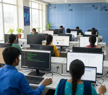 Instructor explaining machine learning performance metrics to students in a modern lab