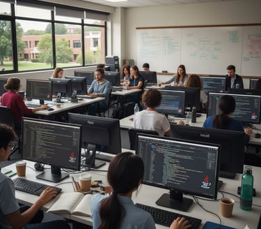 Team collaborating on machine learning algorithms with laptops displaying analytics