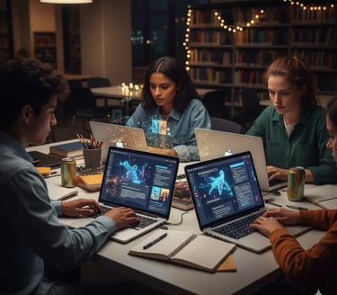 Students analyzing data and creating visualizations in a classroom with desktop systems