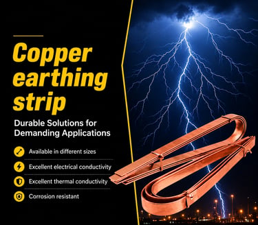 Durable copper earthing strip for electrical grounding with lightning strike background.