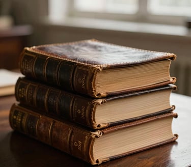 Macro photograph of antique leather-bound medical journals stacked neatly on a dark oak desk, warm morning light filtering through a high window, shallow depth of field.