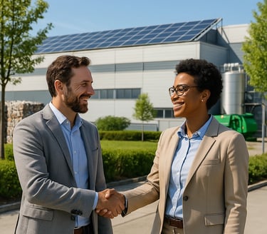 a man and woman shaking hands in front of a building