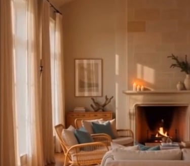 Warm coastal living room with sandy tones, natural materials, and relaxed elegance