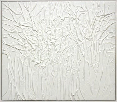 Minimalist white monochromatic textured relief painting on canvas featuring organic fabric-like folds.