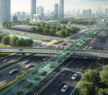 Ilustração do futuro da mobilidade com carros híbridos e infraestrutura de sustentabilidade.