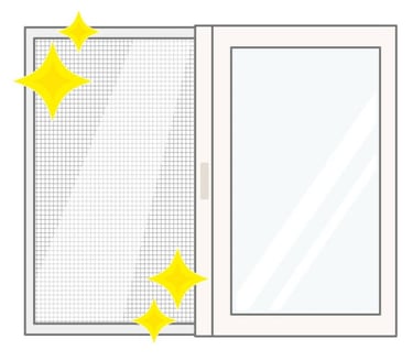 a window with a window screen and a starfish