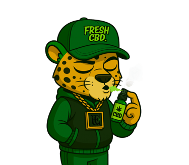 Leopardo Fresh CBD con gorra y sudadera tomando té o infusión