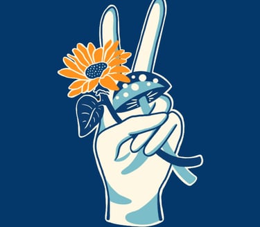 Logo of a retro peace sign hand gesture holding an orange sunflower and blue mushroom illustration.