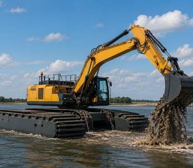 Amphibious excavator operating in shallow water for marine construction