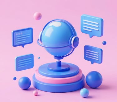 3D illustration of a blue globe with a headset and chat bubbles representing global customer support.