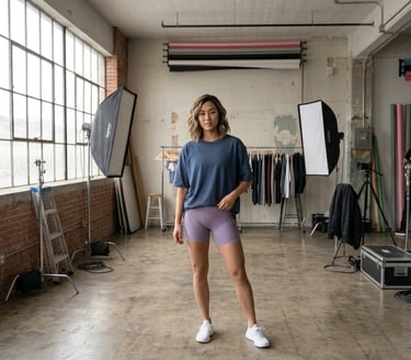 Model wearing Lululemon Lavender Align Shorts and Oversized Blue Tee