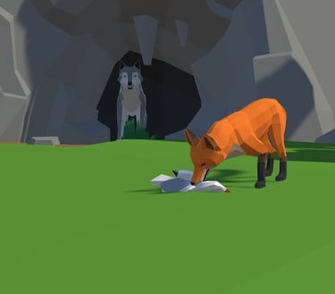 a foxy is standing in a field with a dog