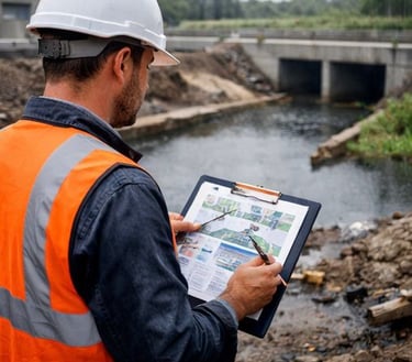 Engenheiro civil analisando projeto de drenagem urbana em obra de infraestrutura hídrica para contro