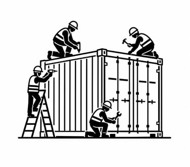 Black and white illustration of construction workers modifying a metal shipping container with tools.