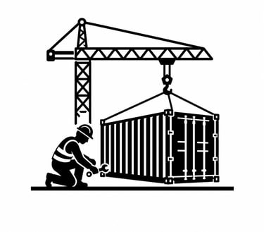 Black and white icon of a construction worker using a wrench near a crane lifting a shipping container.