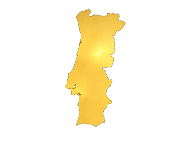 A glowing golden map of Portugal silhouette isolated on a solid black background.