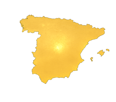 A textured gold silhouette map of Spain and the Balearic Islands isolated on a solid black background.
