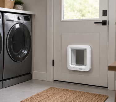 Modern laundry room with a microchip pet door installed in a white interior door beside front-loadin