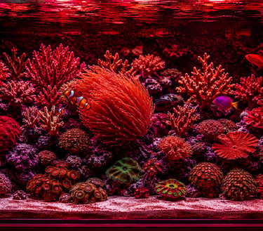 A vibrant saltwater reef tank with red lighting, clownfish, sea anemones, and various hard corals.