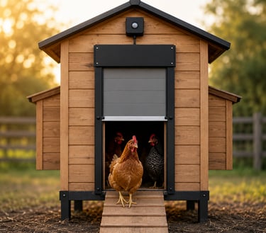 A brown hen exiting a modern wooden chicken coop through an automatic door with a motion sensor.
