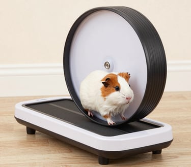 A brown and white guinea pig exercising on a modern pet exercise wheel and treadmill.