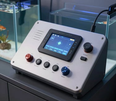 Digital control panel with LCD screen and knobs for smart aquarium water management and fish tank monitoring.