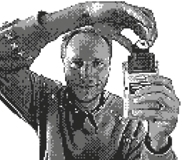 Maxim Zmeyev portrait with repeated name overlay, visual artist working with in-game photography