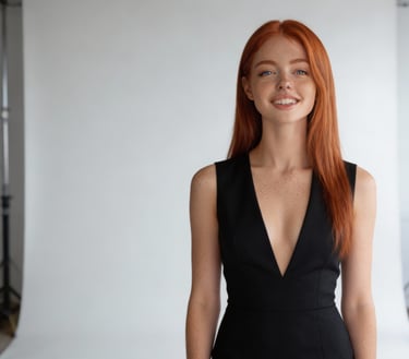 Ariel, model, ai, red hair, black dress, photoshoot
