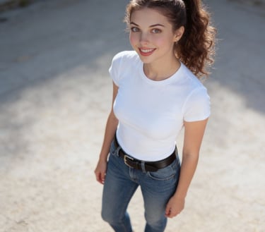 Natalie, headshot, blue jeans, tshirt, ai, model, actress