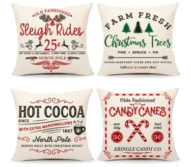 set of 4 Christmas pillow covers in cream with Christmas designs and words