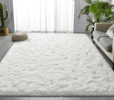 fluffy white shag area rug in home