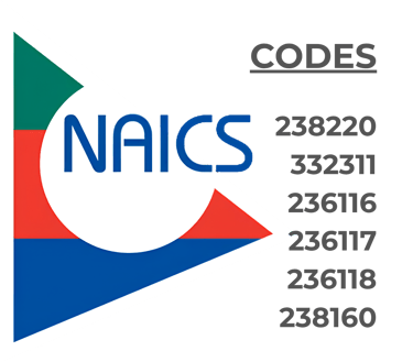 NAICS codes list featuring 238220 and 332311 displayed with a colorful geometric logo on a black background.