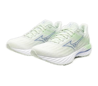 Light green Mizuno Wave Rider running shoes with white midsoles and blue accents for athletic performance.